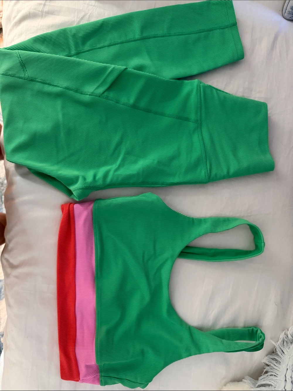 Beach Riot Green Ribbed Crop Top & Legging Set with Red and Pink Bands